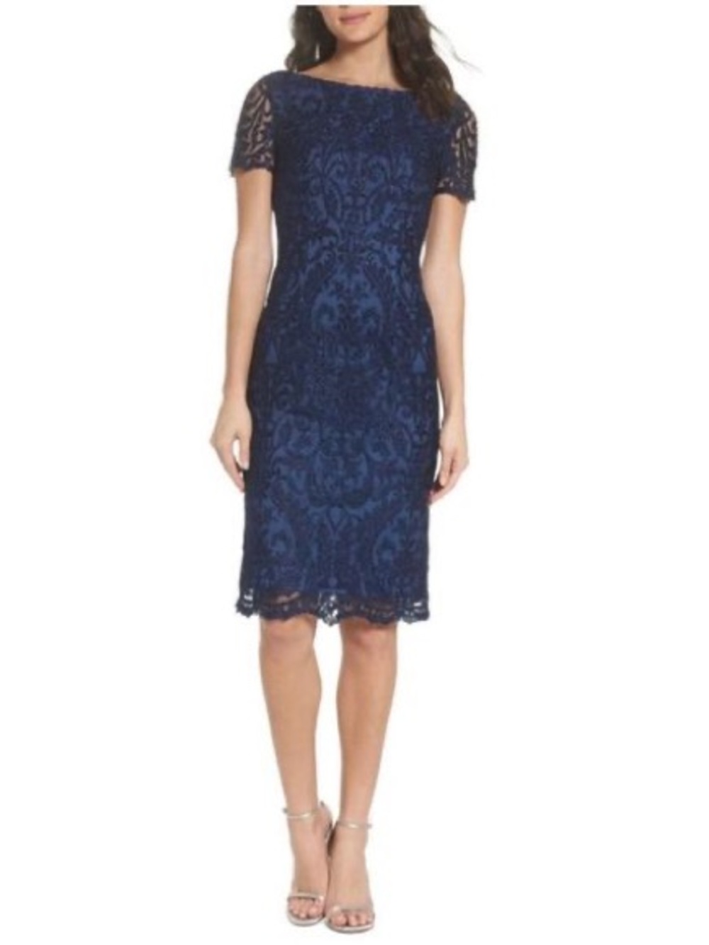 LA FEMME women's Cocktail Dress Beaded Lace Navy Size 6 fits smaller $600